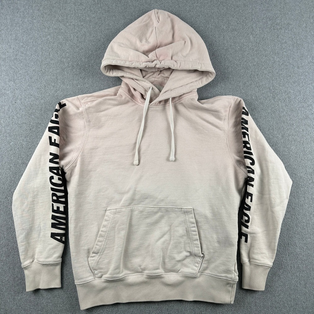 American Eagle Hoodie Mens Medium Pink White Logo Graphic Pullover Sweatshirt